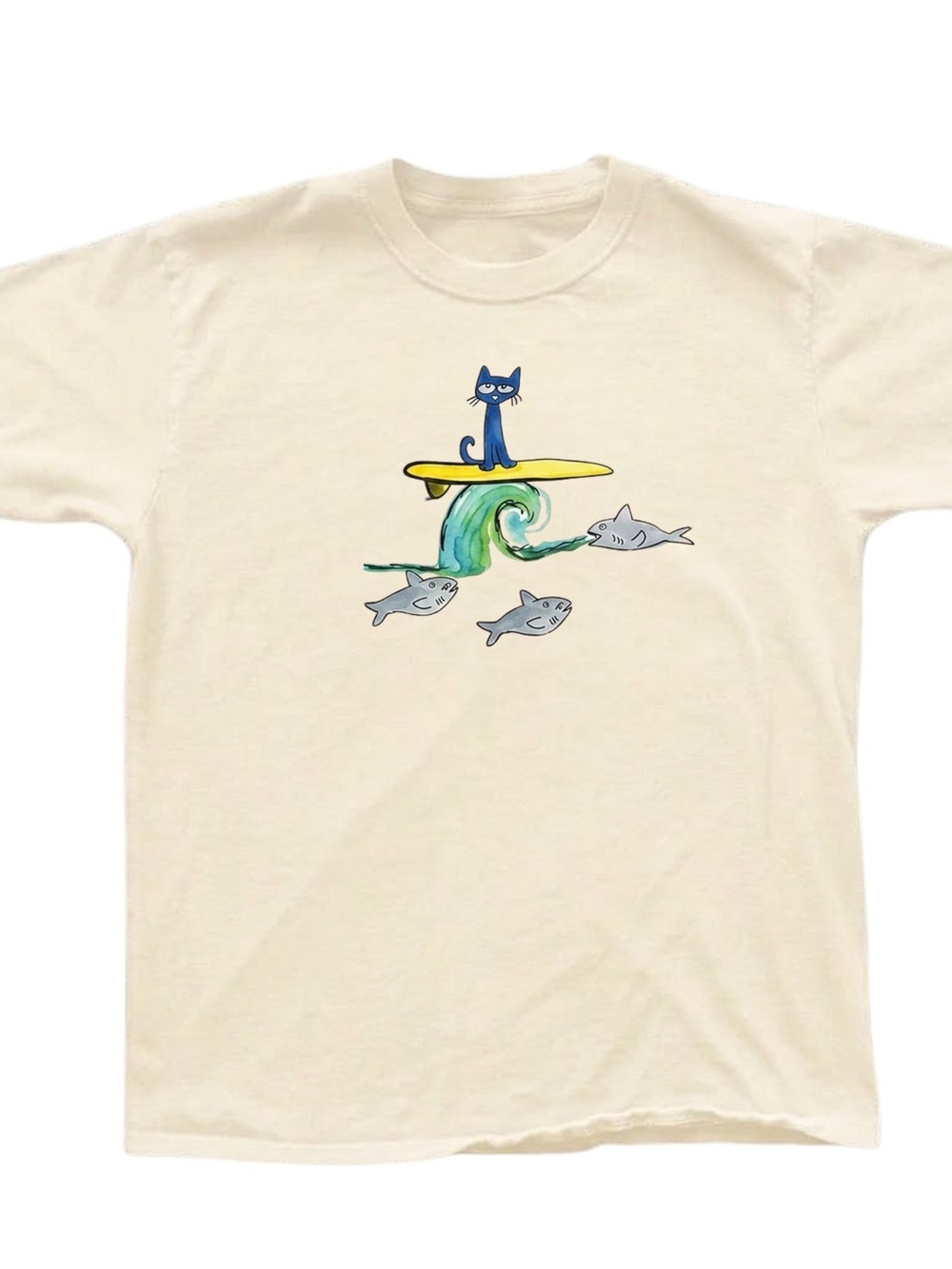 Gildan Cream Short Sleeve Tee with Blue Cat Surf Graphic
